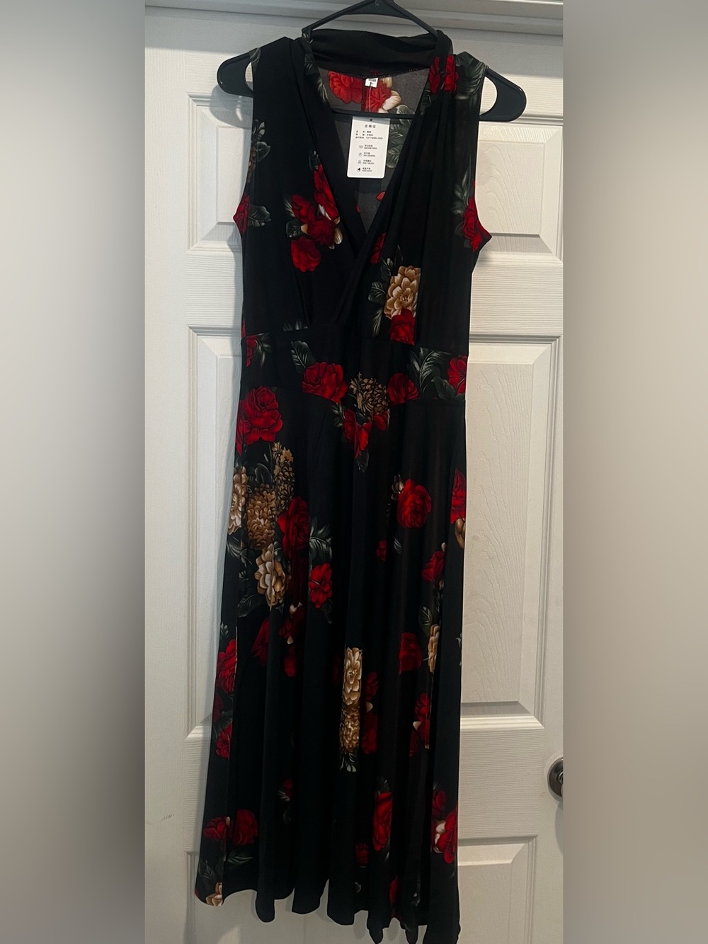 Black Floral Midi Dress with Red & Gold Accents - Picture 2 of 3